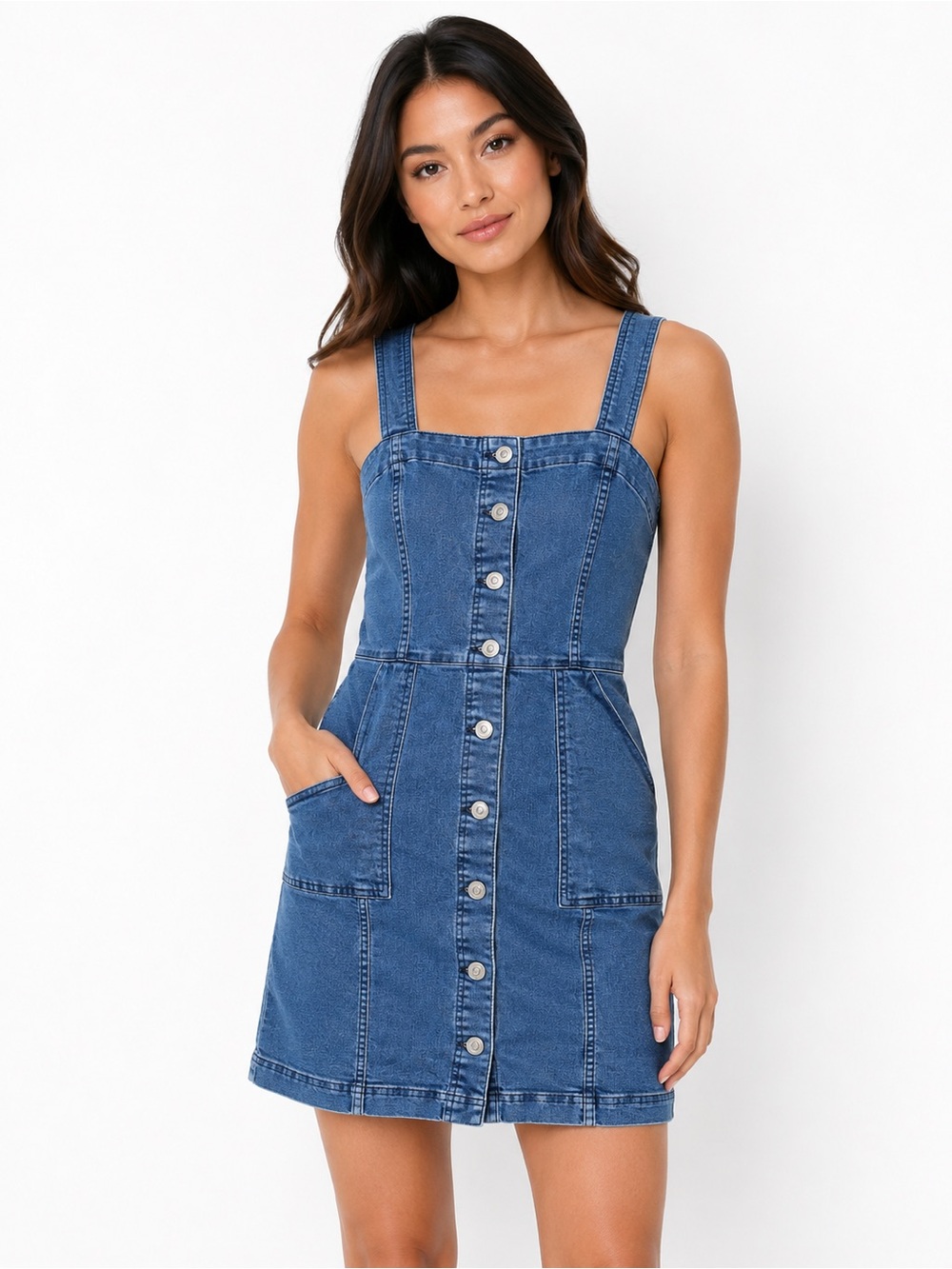 H&M Denim Button Front Mini Dress Size 8 Blue Sleeveless